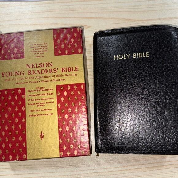 Nelson Study Black Bible w/Concordance Dictionary, Red Words Of Christ & Box VTG - Picture 3 of 10